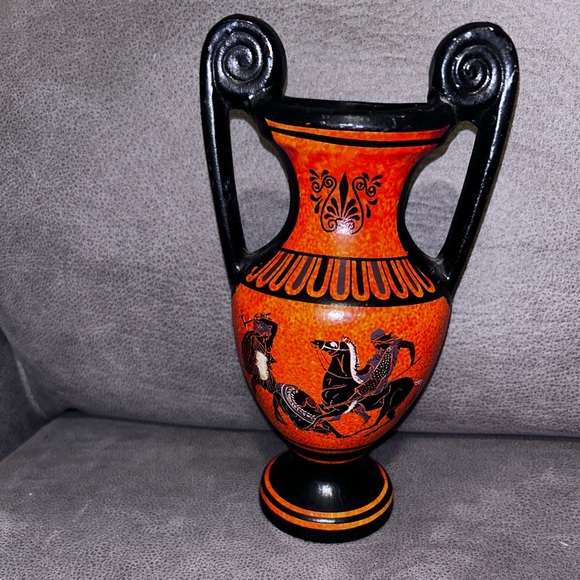 Hand Made Vintage Greek Urn (From Greece) 9” Orange Black Chariot Flaw - Picture 2 of 5
